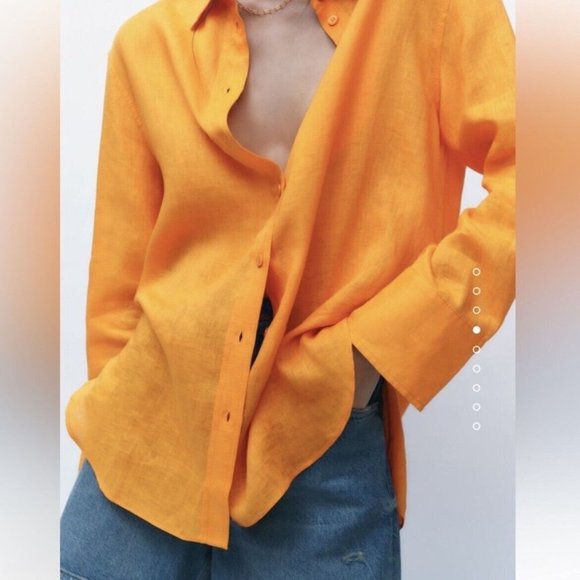 Zara Linen Shirt Orange Size M Button Down - Picture 1 of 5